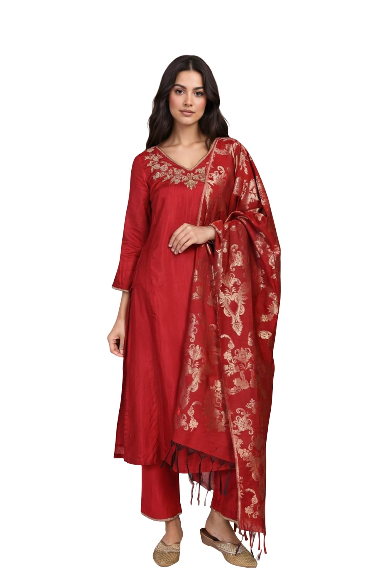 w for woman Bright Solid Floral Aari Work Straight Dola Silk Kurta with Pant and Dupatta Set-picture-43