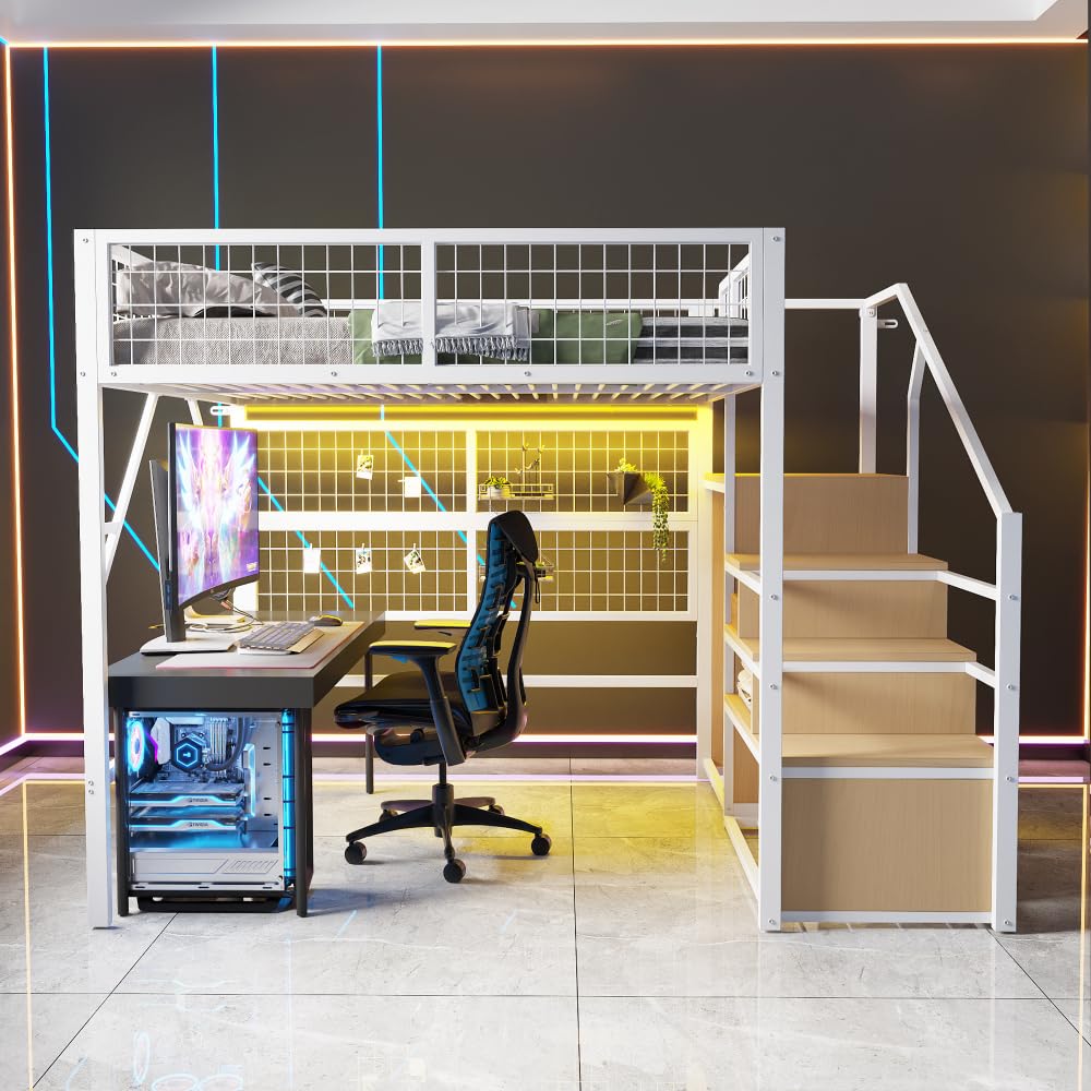 I0I&I0I Cama de metal de hierro para niños y jóvenes con tiras de luz LED, escalera con espacio de almacenamiento, armario abierto, color negro, versátil 193 (blanco + metal + 140 cm x 200 cm)