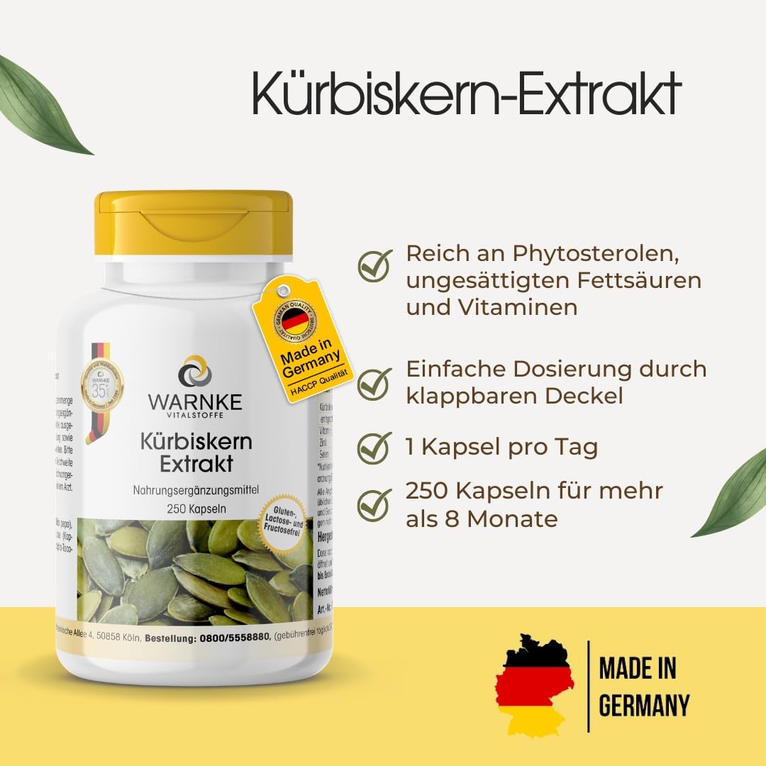 Warnke Gesundheitsprodukte Kürbiskern Extrakt (10:1) 500 mg mit nat. Vitamin E und Selen, 250 Kapseln, Großpackung, 1er Pack (1 x 190 g)