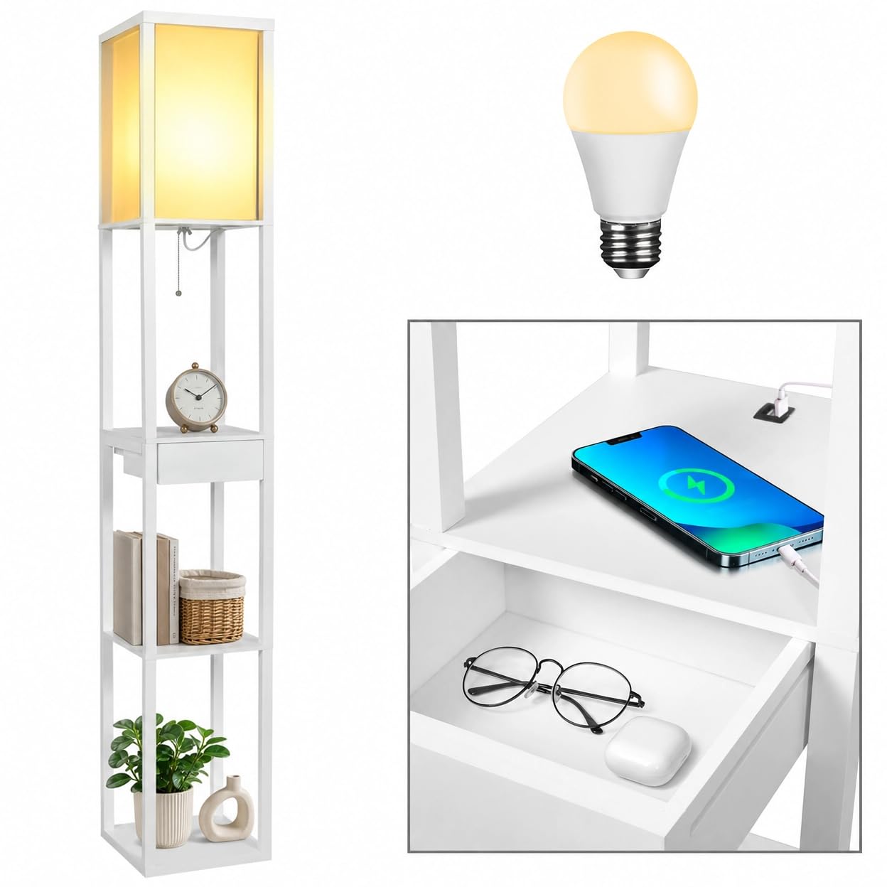 ARTETHYS Floor Lamp with Shelves, Standing Lamp with 2 USB Charging Ports, LED Bulb, Drawer, Tall Lamps for Living Room, Modern Standard Wooden Lamp for Bedroom, Home Office, White