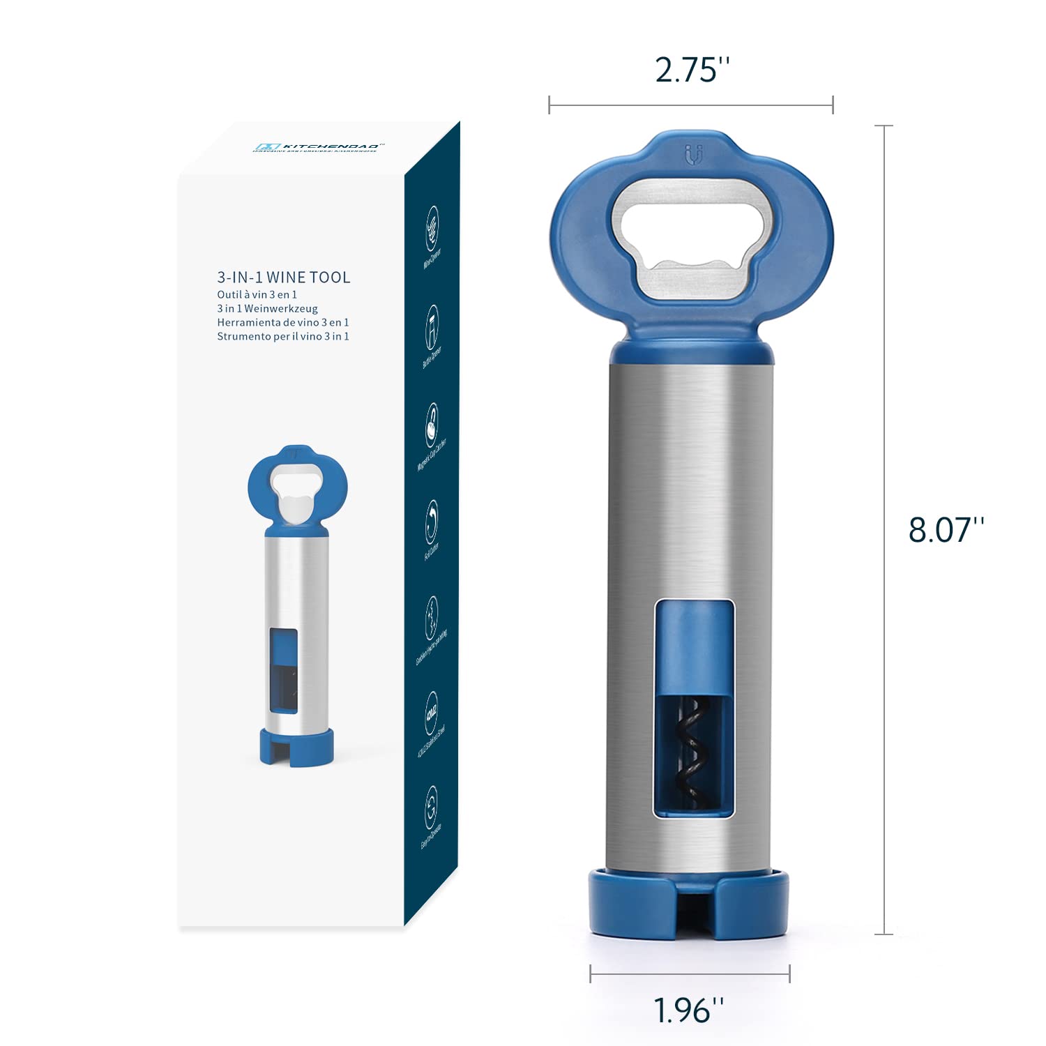 Sacacorchos 3 en 1 para abrebotellas de vino con cortador de papel de aluminio, abridor de botellas de cerveza con receptor magnético de tapa, funciona fácilmente como abridor eléctrico, 7