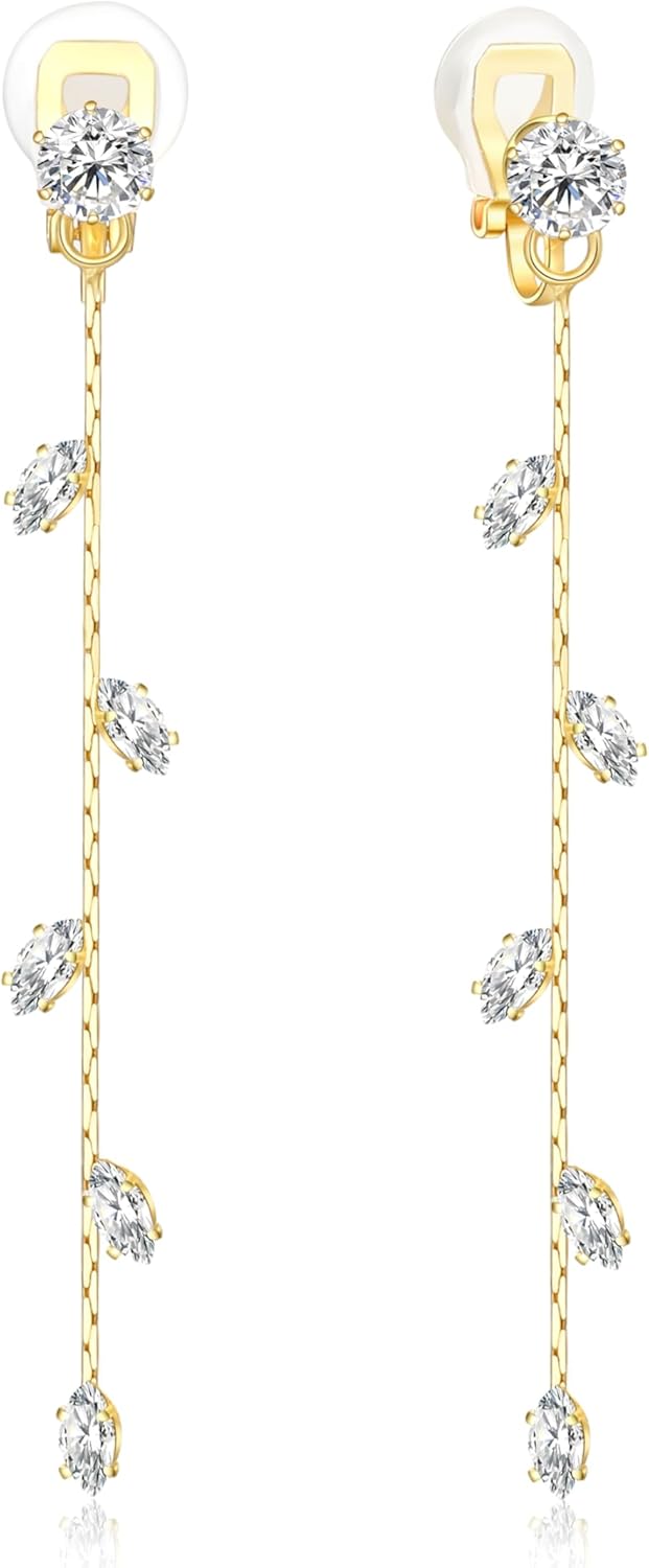 Gold/Silver Clip on Earrings Non Pierced for Women - 14K Gold Plated Long Tasse Drop Dangle Clip Earrings - Cubic Zirconia Leaf Earrings for Women Gold Wedding Jewelry Gifts