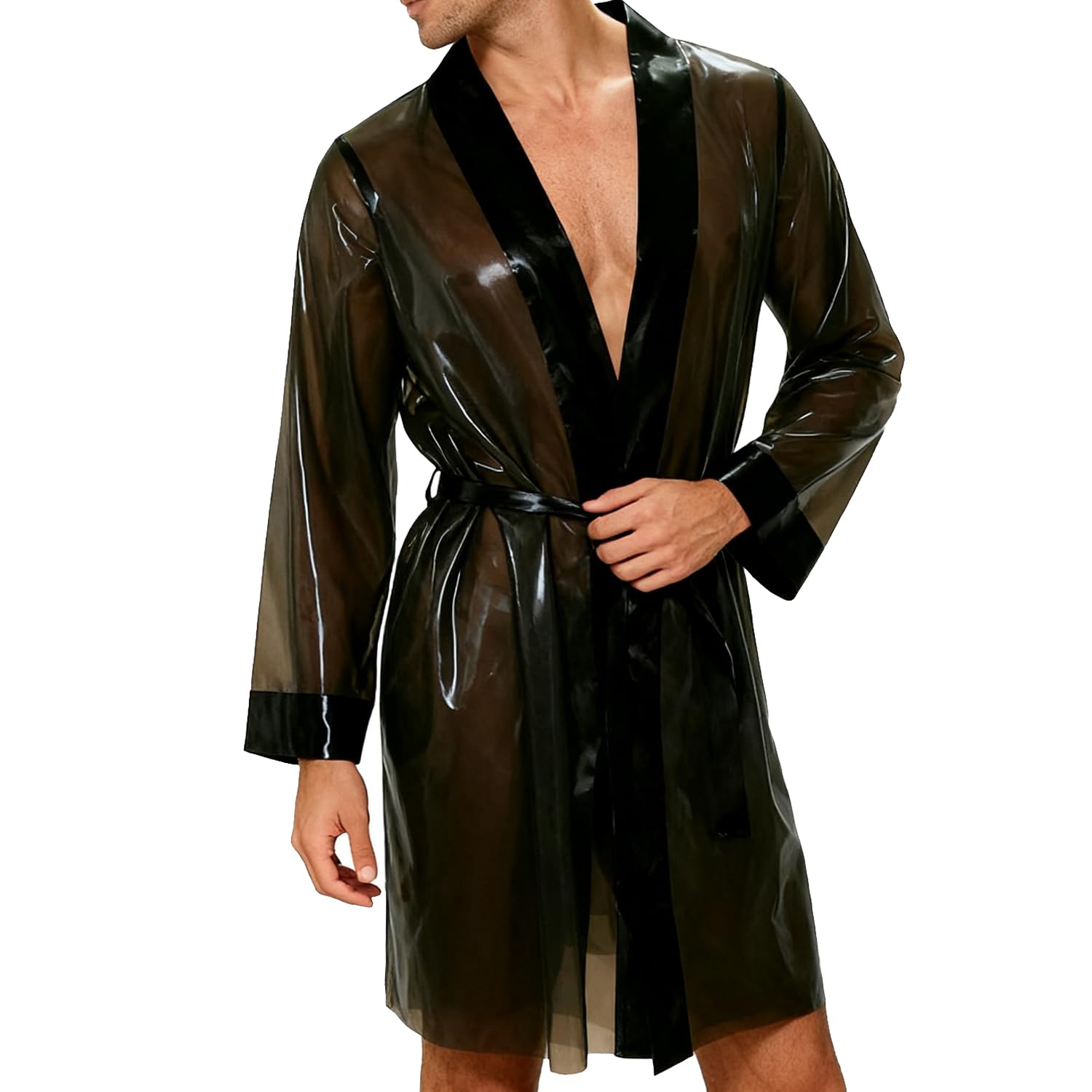 Vestaglia in Lattice Notte Gomma con Allacciatura a Cravatta,Accappatoi in Lattice Nero Trasparente Unisex