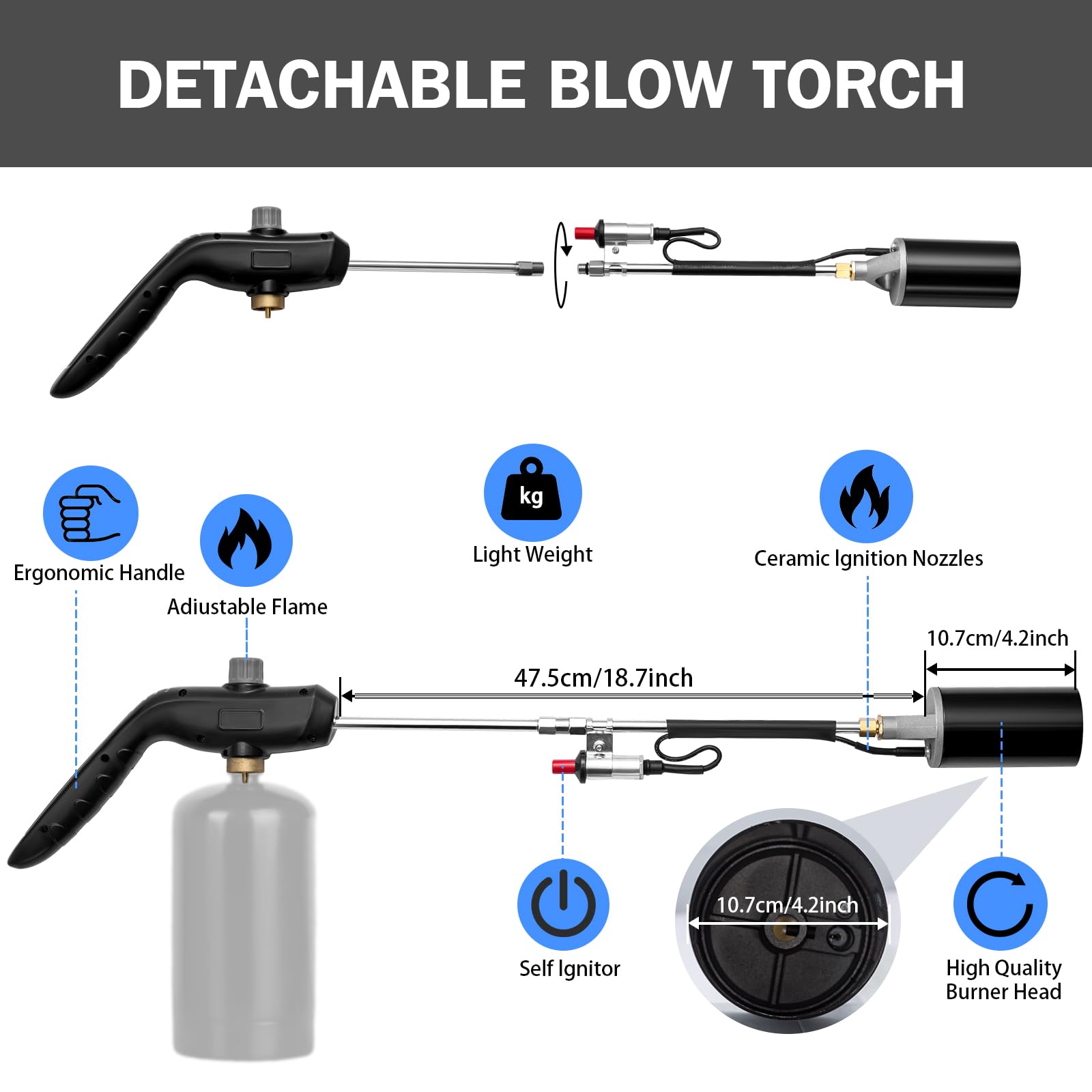 Antorcha de propano para malas hierbas, alta salida de 1200.000 BTU con control de llama, brazo largo desmontable de 76.2 cm para asfalto de techo, nieve helada, marca de carretera, carbón