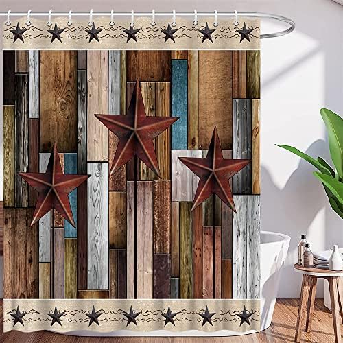 AMHNF Rustic Barn Door Shower Curtain Texas Star Brown Gray Rustic Wooden Board Farmhouse Planks Barn Hardwood Vintage Western Print Home Bathroom Decor Quick Dry Fabric with Hook