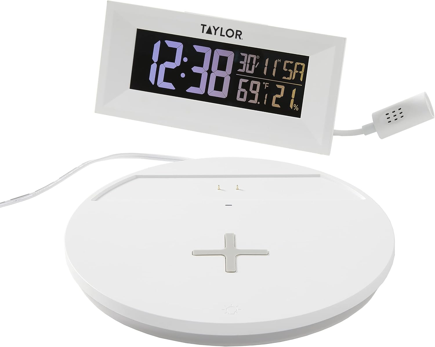 Taylor Digital Weather Station with Wireless Smart Device Charging, Indoor Temperature and Humidity, Clock with Alarm, Calendar, Changeable Glow Light, White