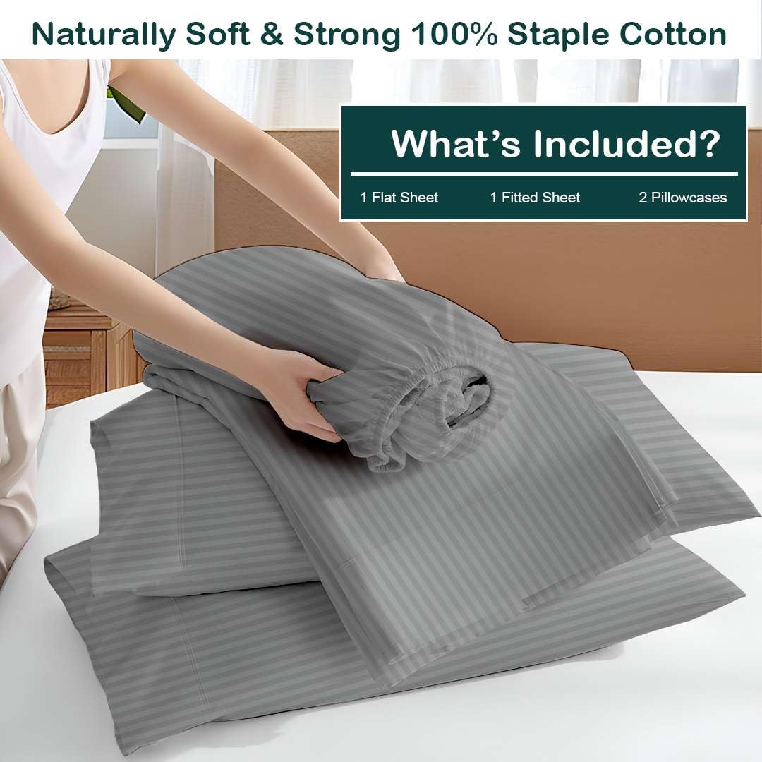 NON Sticky cotton Premium 4 Piece Egyptian Cotton Fitted King Sheet Set, Hotel Quality Soft Breathable Bedding Sheets, 15" Deep Pocket, 78" X 80", Light Grey Stripe