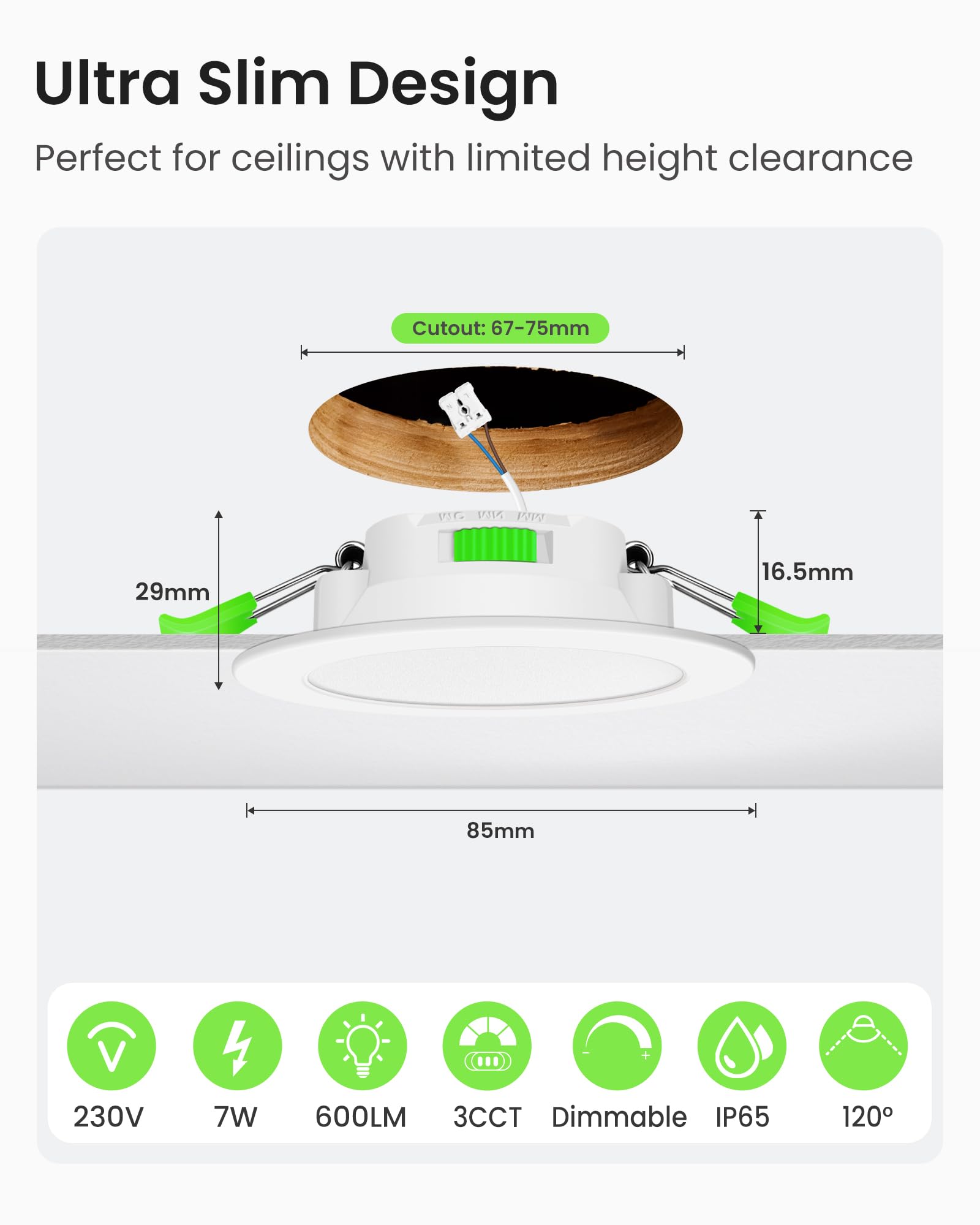 ALUSSO Reflektor sufitowy LED do zabudowy, ściemnialny, 230 V, 7 W, 3000 K, 4000 K, 6500K, wodoodporna, IP65, regulowana, wpuszczana lampa sufitowa do łazienki, salonu, zestaw 12 sztuk, okrągła, biała