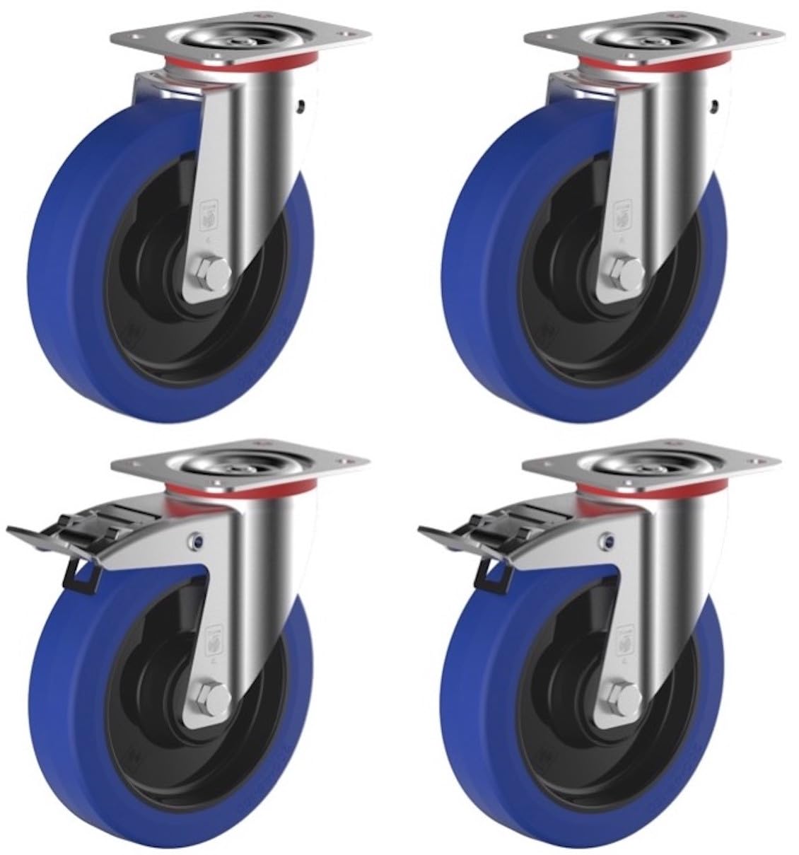 Lot de 4 roulettes pivotantes et pivotantes à frein caoutchouc EASYROLL® BLEU 100 mm charge - 540 Kg