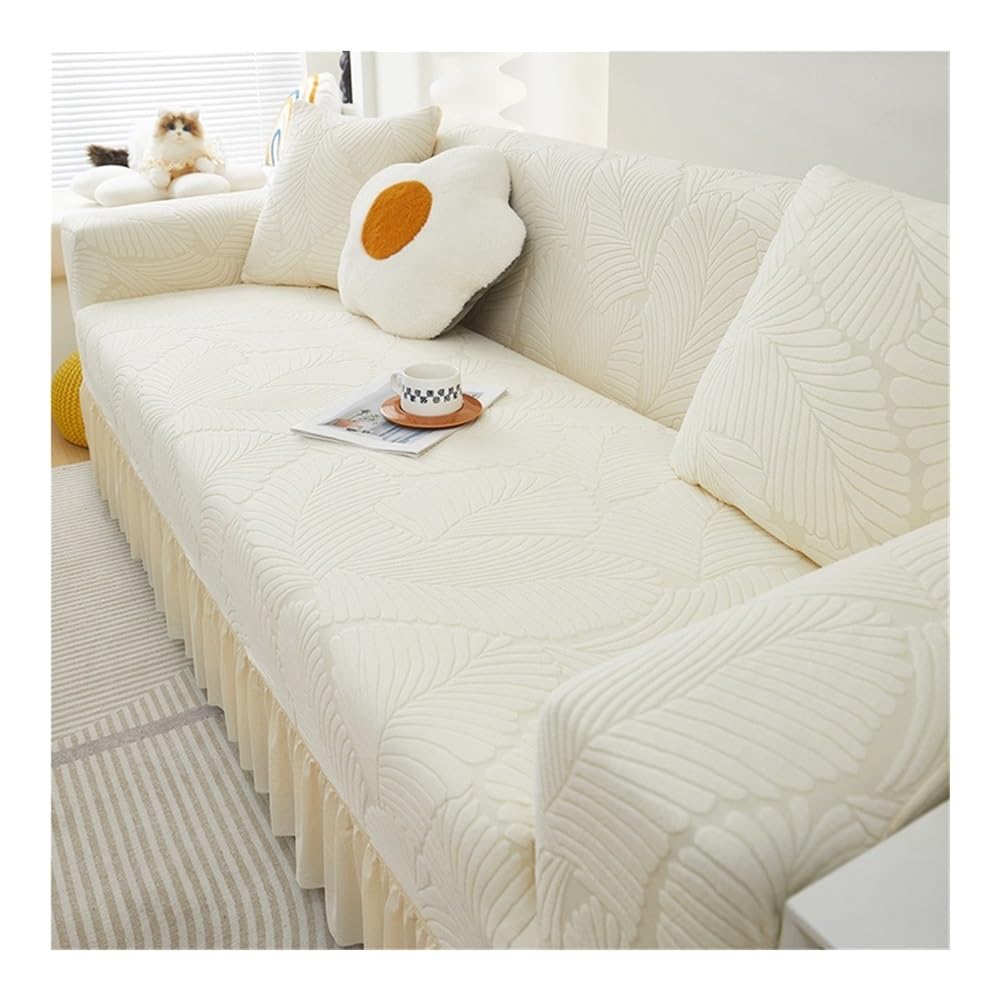Housse de canapé extensible beige imprimé feuilles protection salon 2 places