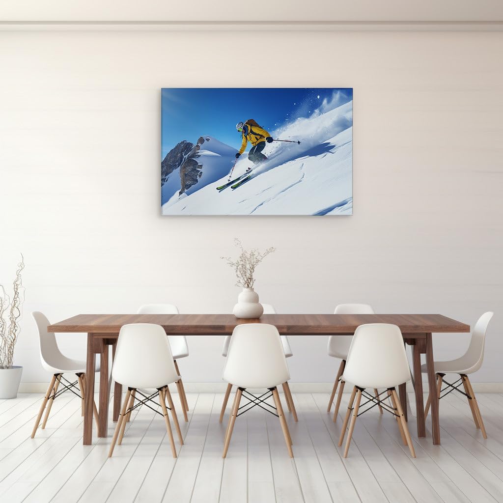 Canvas for Living room. Racing Down the Slopes: A Skier's Thrill Against a Winter Wonderland, 27 x 18 inch Canvas Wall Art - Modern Home Decor