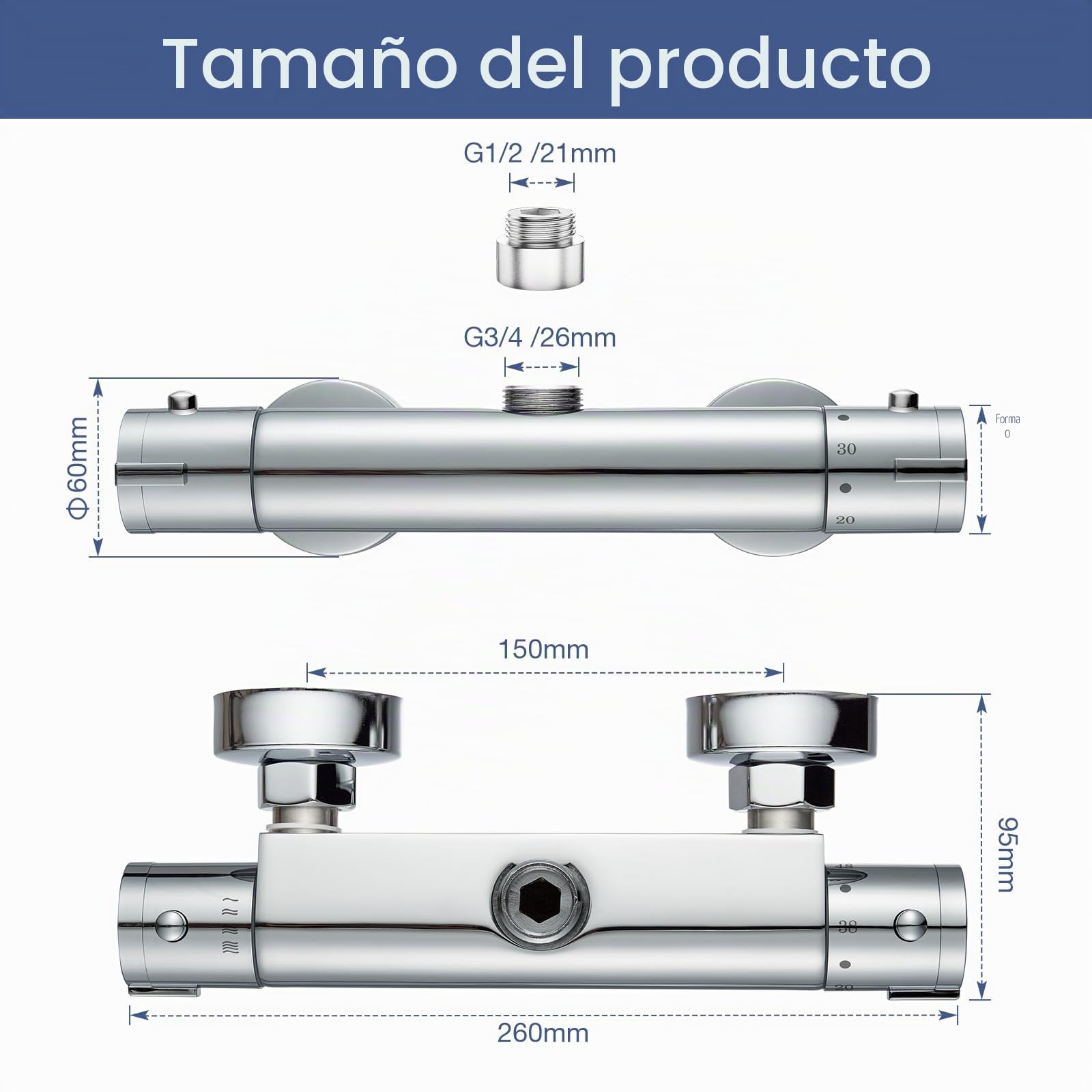 Mezclador termostático de ducha con salida superior G3/4, válvula mezcladora termostática de latón para ducha con barra antiquemaduras, mezclador de agua caliente y fría con control de temperatura