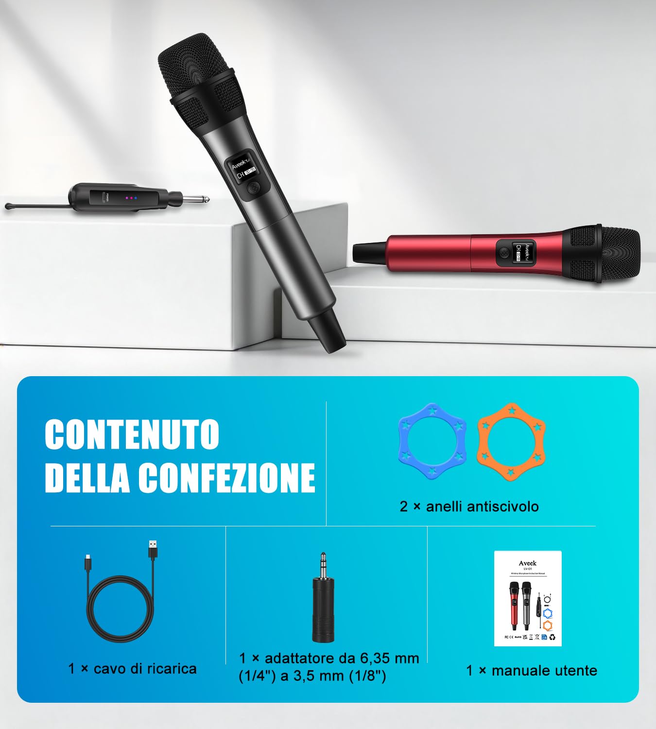 Set di 2 Microfoni Senza Fili – Portata 80m, Autonomia 40h, Suono Alta Fedeltà, Latenza < 20 ms – Ideale per Chiesa, Matrimonio, Palco, DJ, Karaoke – Rosso & Nero | Segnale stabile, suono alta fedeltà, latenza < 20 ms, ricevitore pieghevole e impugnatura