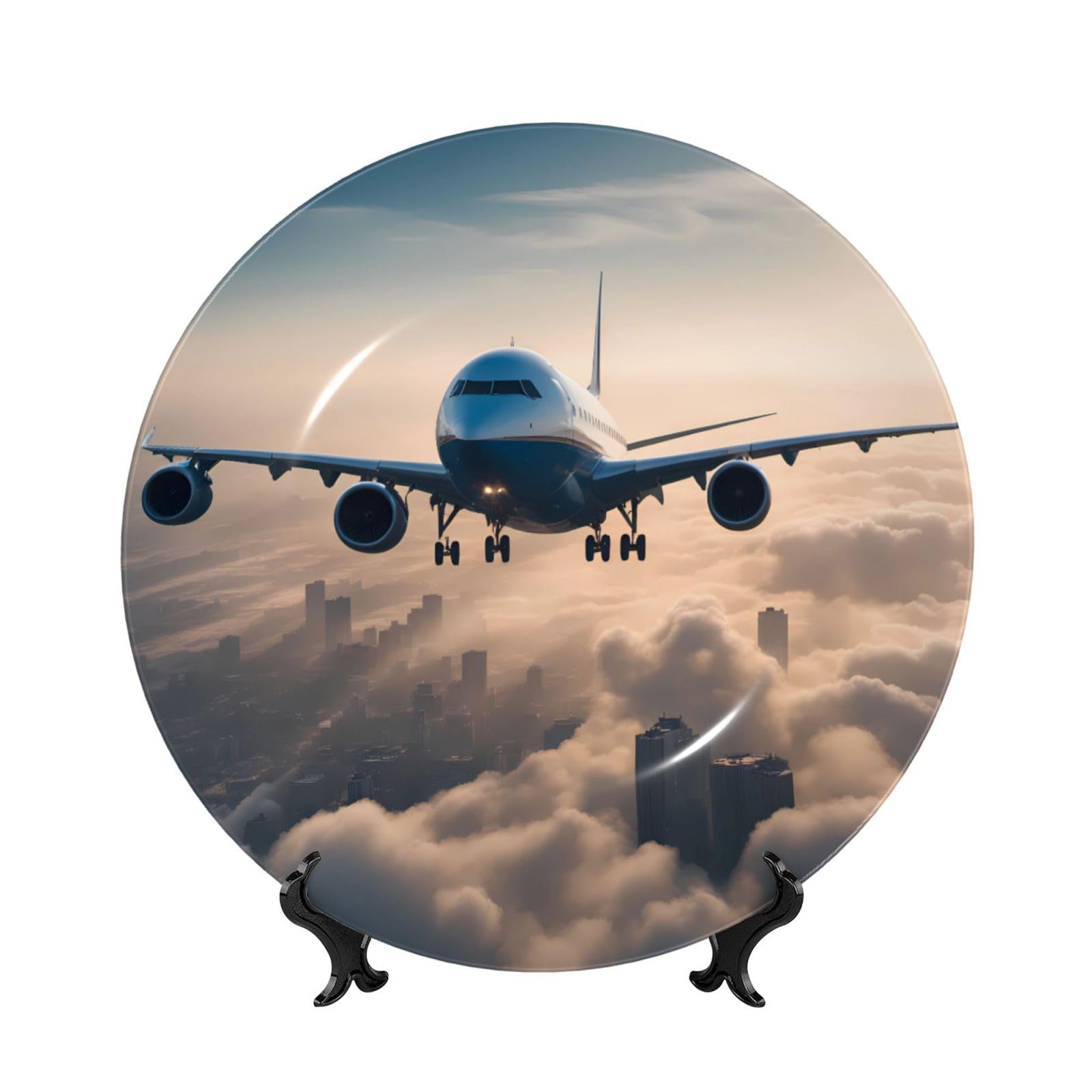 SXZVVBN Airplane in the sky Bone China Decorative Plate Art with Stand Removable Adhesive Hanging for Home Office 7in