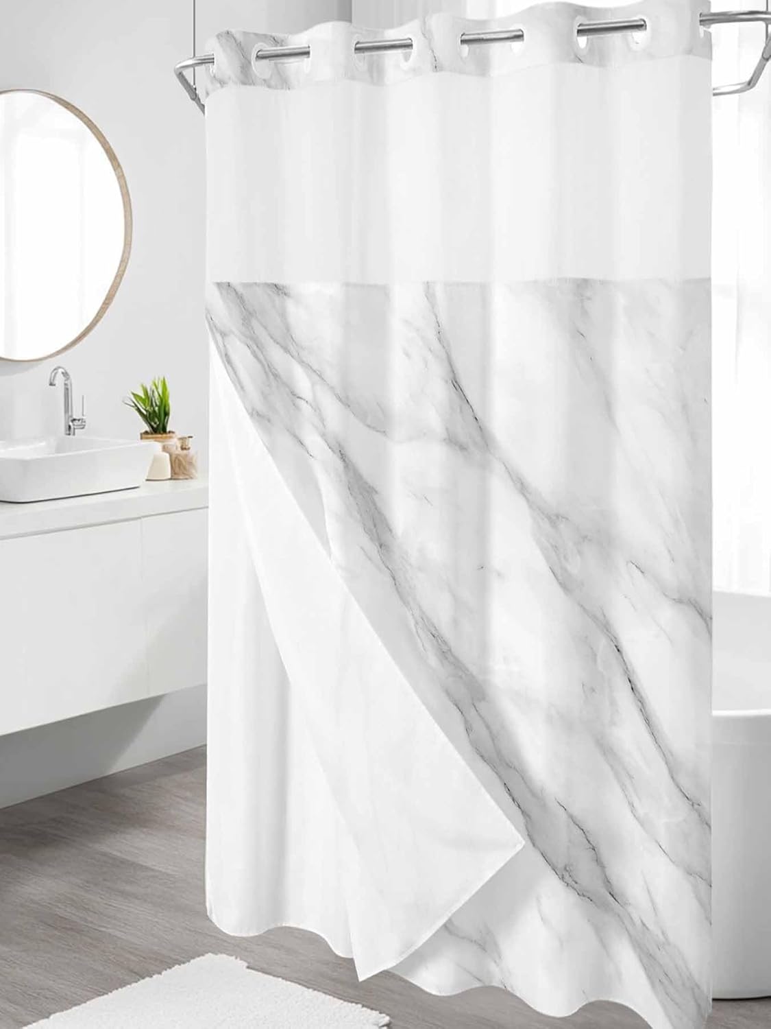 Marble No Hook Shower Curtain with Snap in Liner Set, Modern Grey White Rock Monochrome Simple Waterproof & Washable Fabric, See Through Mesh Top Window Bath Curtain for Bathroom Bathtub Hotel 36"x72"