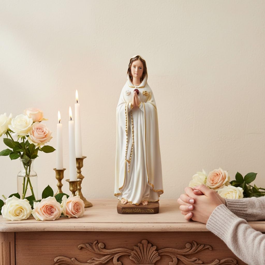 OVUNQUE PROTEGGIMI Statua di Maria Rosa Mistica cm 30 in polvere di marmo. Per interni ed esterni.