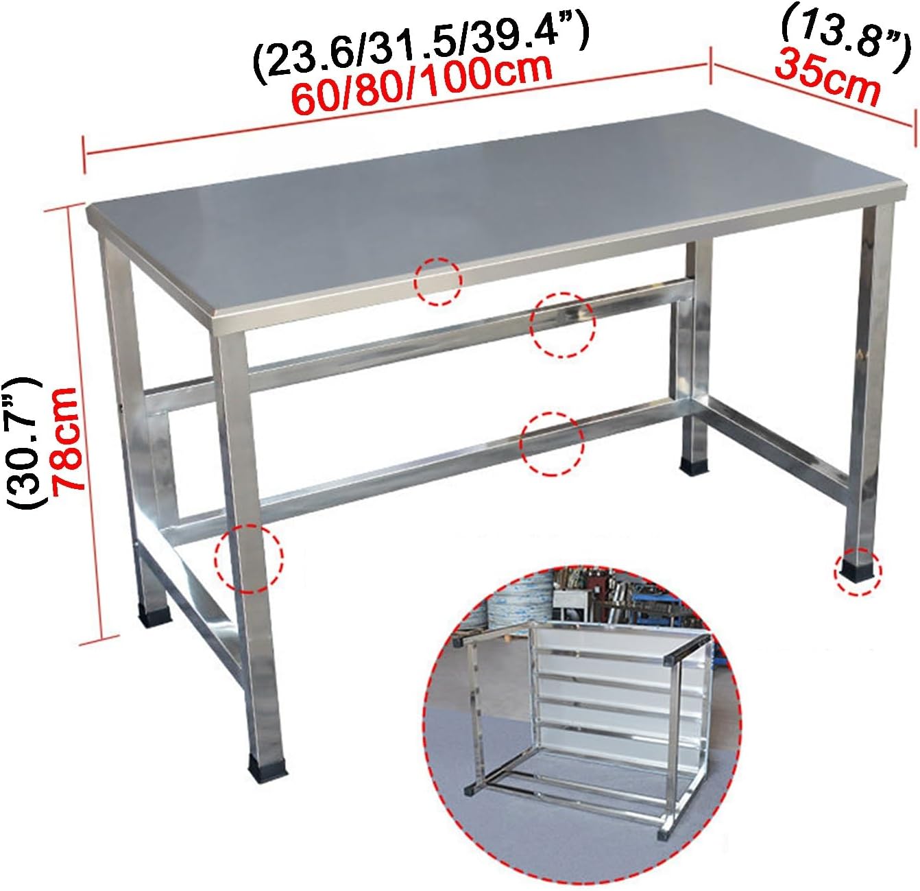 Reinforced Beam Stainless Steel Workbench Kitchen Workstation Worktable Easy Installation Non-Slip Feet Beveled Edge Design Sturdy Structure Metal Packaging Table(60x35x78cm/23.6x13.8x30.7”)