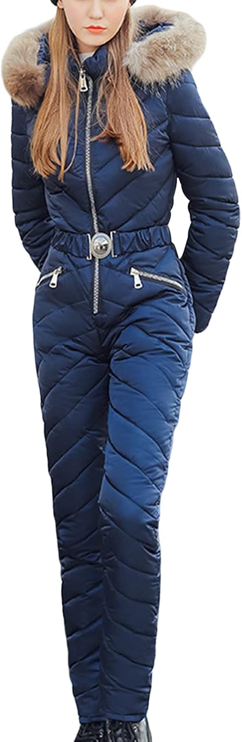 Women Winter Jumpsuit Ski Suit Lightweight Warm Windproof Rain Snow Coat Fur Collar Ski Jumpsuit Snowsuit with Fur Hood