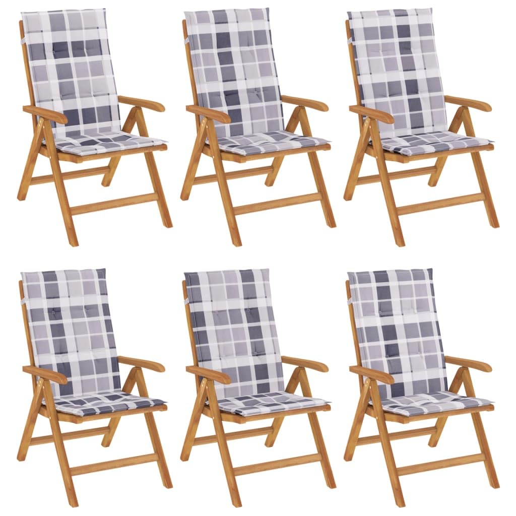 Sedie da giardino in teak con cuscino, 6 pezzi, in legno massiccio, regolabili, pieghevoli, portata: 110 kg, per terrazze, balconi, giardini, impermeabili, comode sedute all'aperto