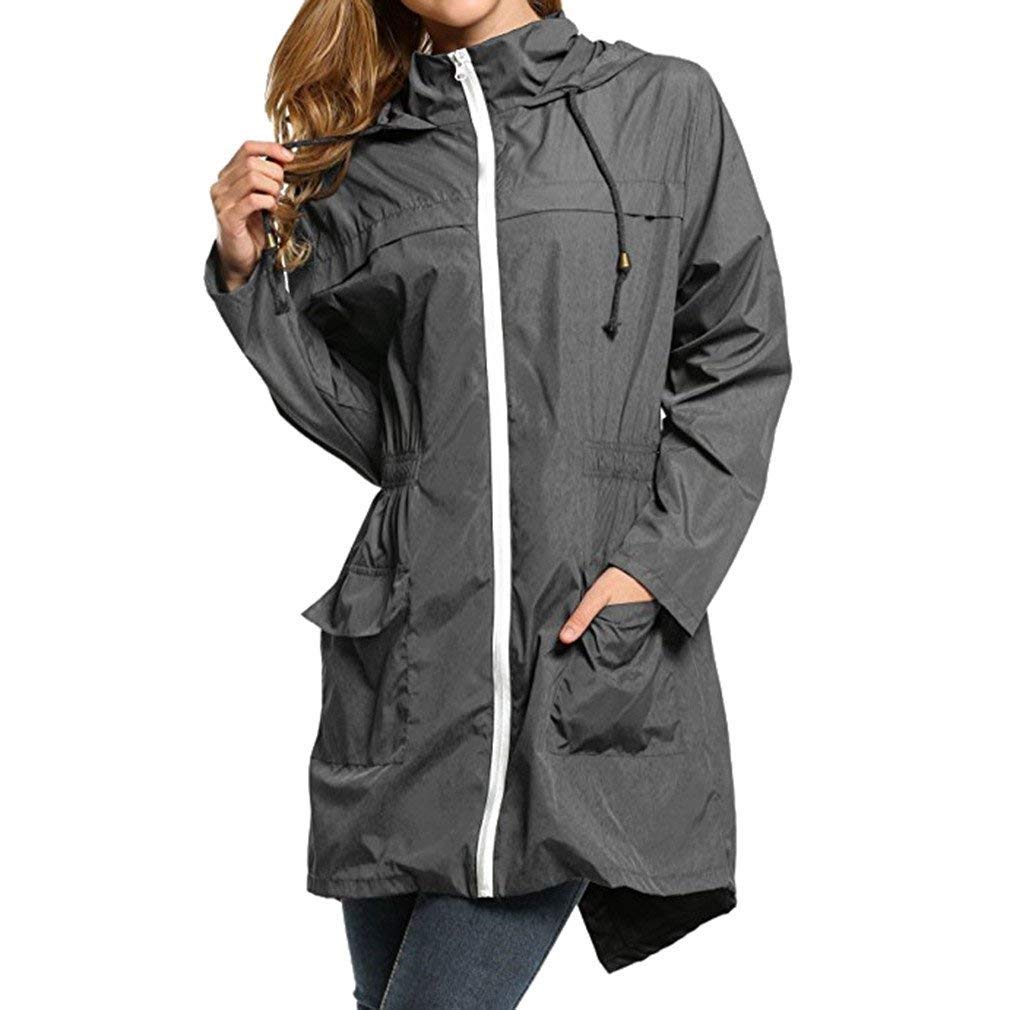 Huixin Lekki damski płaszcz podróżny, wodoszczelny płaszcz damski, moda damska, długi z kapturem, na wędrówki, płaszcz przeciwdeszczowy, kurtka outwear, szary, XXL