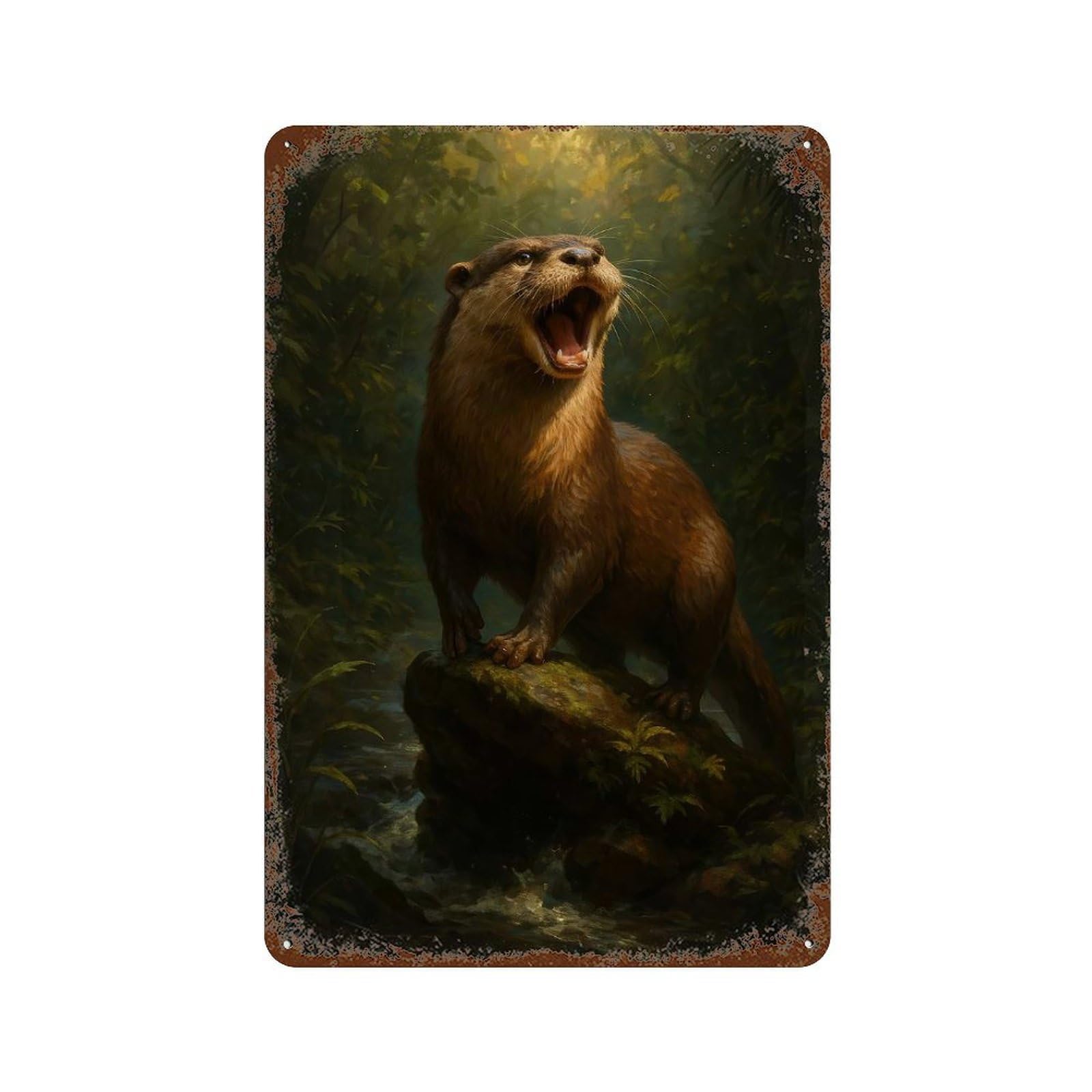 Retro Metal Sign with Otter on Rock in Forest Design 11.8"x7.9", for Shed, Workshop And Garage Wall Decor, Old School Wall Decor