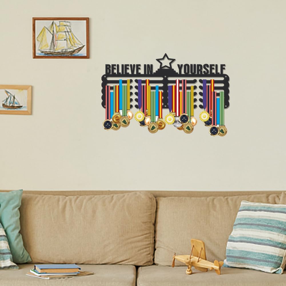 Porta Medaglie Da Parete SUPERDANT - 5 File Con 20 Ganci, Design Sportivo 'Believe In Yourself', Nero - Per Esporre Medaglie, Premi E Trofei - Foto 3