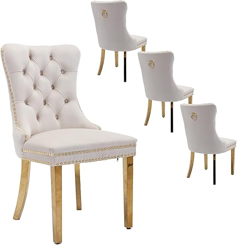 Miniatura 9 de Rhomtree Sillas de comedor contemporáneas con botones capitoné tapizados de terciopelo de alta gama con respaldo de cabeza de clavo y moldura de