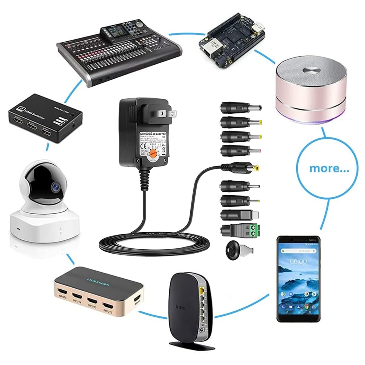 POWSEED Adaptador de CA universal de 3 V 4.5 V 5 V 6 V 7.5 V 9 V 12 V adaptador de corriente CACC para el hogar Elecronics Pedales Routers Altavoces Cámaras CCTV Teléfono inteligente Hub USB GPS