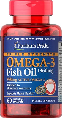 Puritan's Pride Aceite de pescado Omega-3 de triple fuerza 1360 mg (950 mg de Omega-3 activo) - 60 cápsulas blandas
