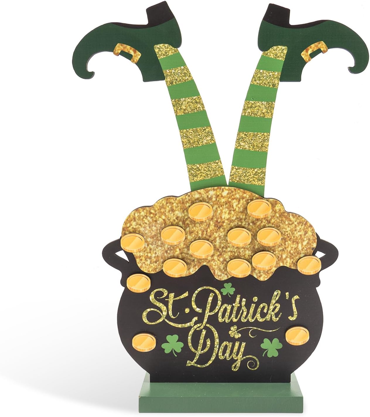 St Patricks Day Sign, 11.8"H Wooden Green Saint Patrick's Leprechaun Pot of Gold Tabletop Decor, Irish Gnome Leg Wood Plaque Indoor Table Centerpiece Shelf Desk Mantel March Home Decorations