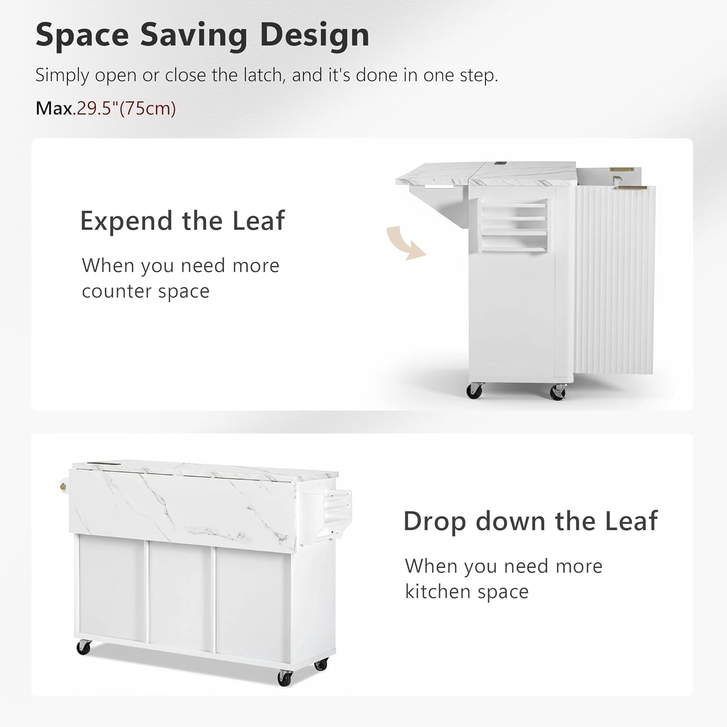 Large Fluted Kitchen Island with Storage, 55.5" Rolling Island Table with Faux Marble Top Drop Leaf, Power Outlet, 2 Door-Cabinet, 3 Drawers, Rose Gold Handle for Dining Room