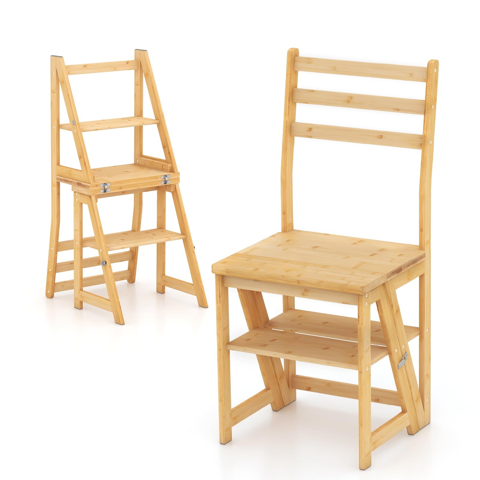 HOMASIS 3 en 1 Silla Plegable de Bambú Convertible en Escalera con Cerraduras de Seguridad, Soporte de Plantas Multifuncional para Salón, Biblioteca, Cocina, Oficina, Capacidad de 150 kg, Natural