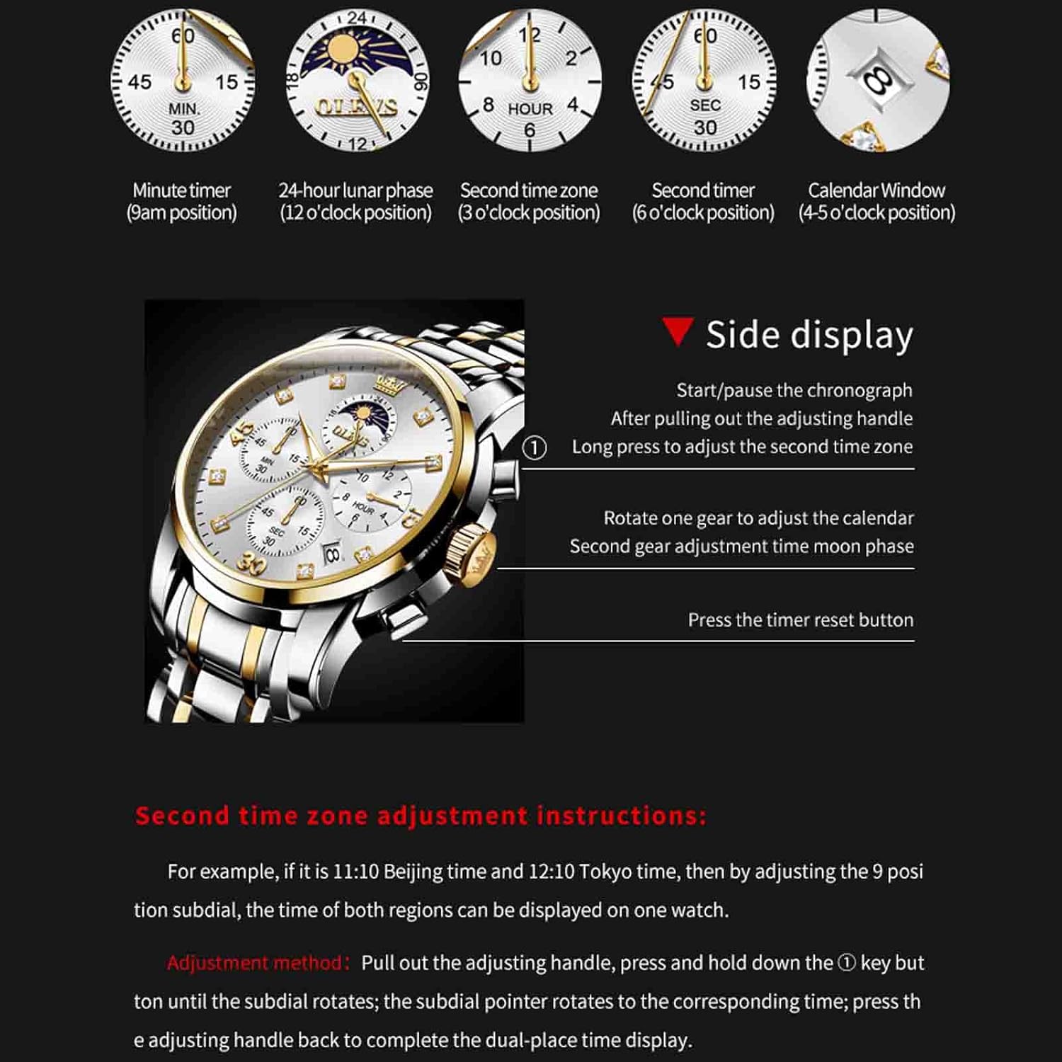 Diagram showing watch dial functions: Minute timer (9 o'clock), 24-hour lunar phase (12 o'clock), Second time zone (3 o'clock), Second timer (6 o'clock), Calendar Window (4-5 o'clock). Also shows side display controls: top pusher for chronograph start/pause, crown for time/date/moon phase, bottom pusher for timer reset.