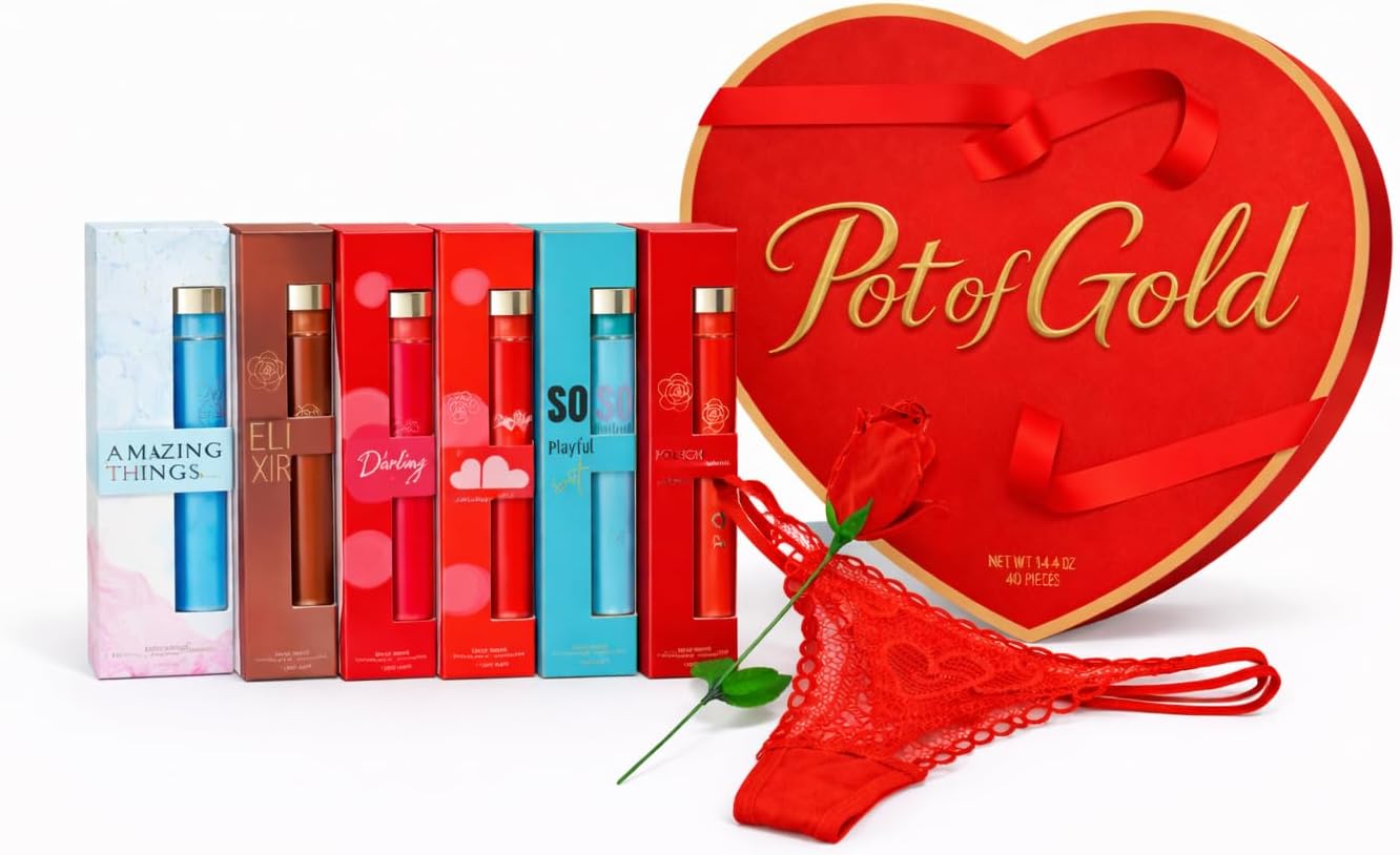 - Valentine’s Day Bundle Gift Set for Her – Lace Thong with Rose, Pot of Gold Heart Chocolates (14.4 oz) & Travel Fragrance Spray Gift Set (6 Pack Mini Scents)