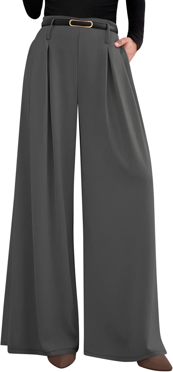 PRETTYGARDEN Womens Fall Wide Leg Trousers 2025 High Elastic Waist Loose Pleated Long Flowy Palazzo Work Pants with Pockets
