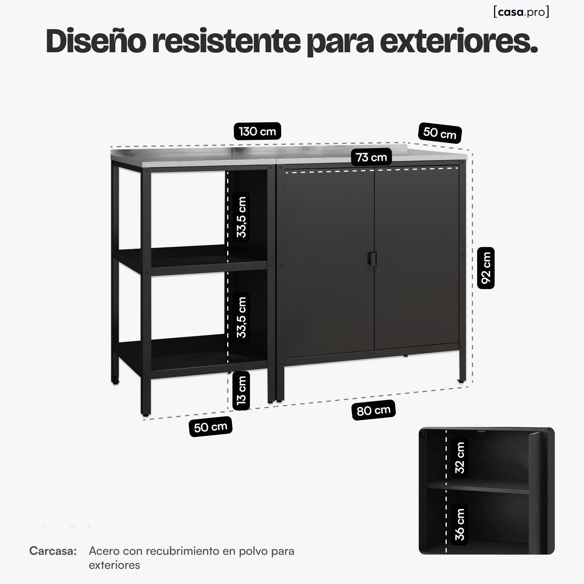 casa.pro Conjunto de Armario Exterior Bolognano Patas Regulables en Altura Encimera - 1 Armario + 1 Estantería de 3 Niveles Uso Interior/Exterior Almacenaje en el Jardín Acero - Plata y Negro