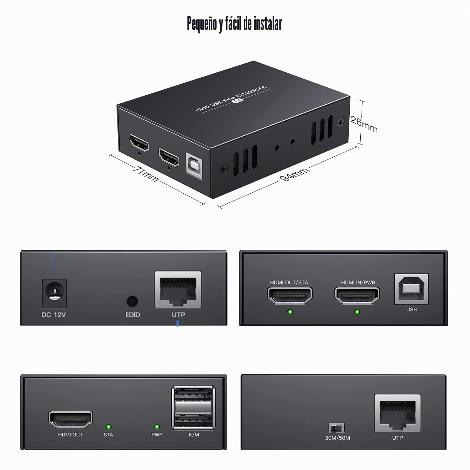 PWAYTEK Extensor KVM HDMI 1080p@60Hz y 3D, transmisión hasta 50m (164ft) por cable Cat5e/Cat6/Cat7, control remoto de ratón y teclado, conjunto emisor y receptor (Gris)