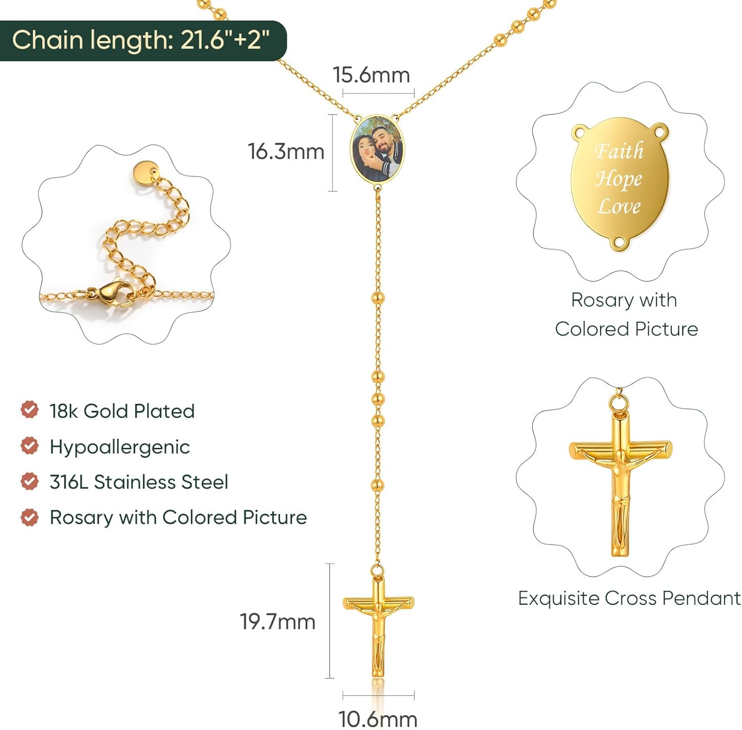 Personalized Rosary Necklace for Women - 14k Gold Plated Custom Picture Rosary Beads Necklaces,Non Tarnish Golden Stainless Steel Y Chain Catholic Jewelry,Rosarios Catolicos Gfts for Catholic Men - Image 4