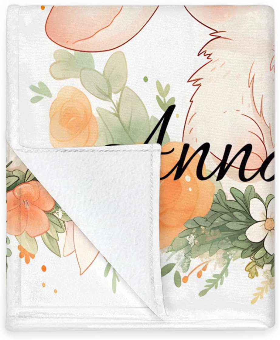 Personalized Baby Blankets for Girls Boys, Custom Baby Blanket with Name Swaddle Toddler Fleece Blanket Personalized Gift Cute Floral Bunny