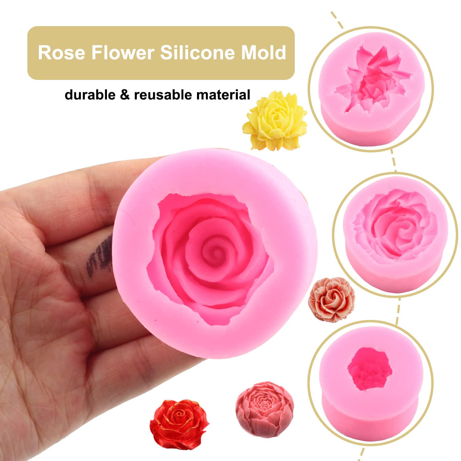ZiXiang Molde de silicona 3D para jabón, diseño de flores de rosa, molde de silicona para fondant, molde de resina para decoración de pasteles, chocolate, caramelos, arcilla polimérica, pasta de goma