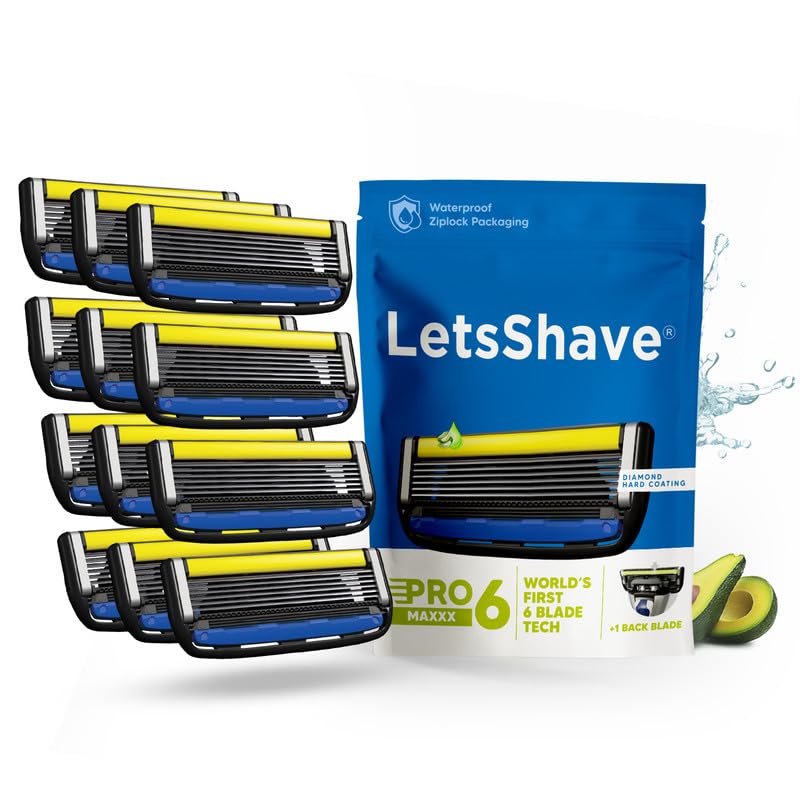 Image of LetsShave Pro 6 Maxxx - World's 1st 6 Blade Razor Refills for Men | Pack of 12 Cartridges | Precision Back Blade | Open-Flow Anti-Clog | Micro-Span Curved Blades | Common Docking Fits Pro 4 /5 /6 /7