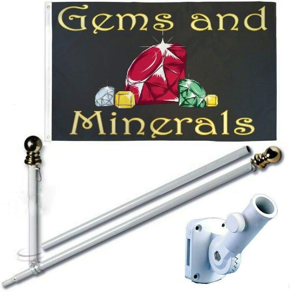 3'X5' American Home & Commercial 3x5 Ft Gems and Minerals Flag Set Premium Printed Polyester w/Heavy Duty White Aluminum 6-Feet Spinning Tangle Free Flag Pole Bracket Residential & Commercial
