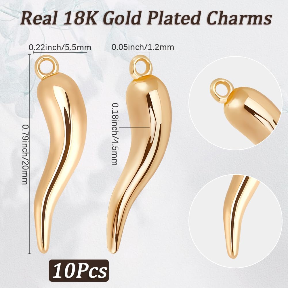 Beebeecraft 1 Box 10Pcs Horn Charms 18K Gold Plated Italian Horn Cornicello Charm Pepper Chili Shaped Good Luck for Earring Necklace Jewelry Making