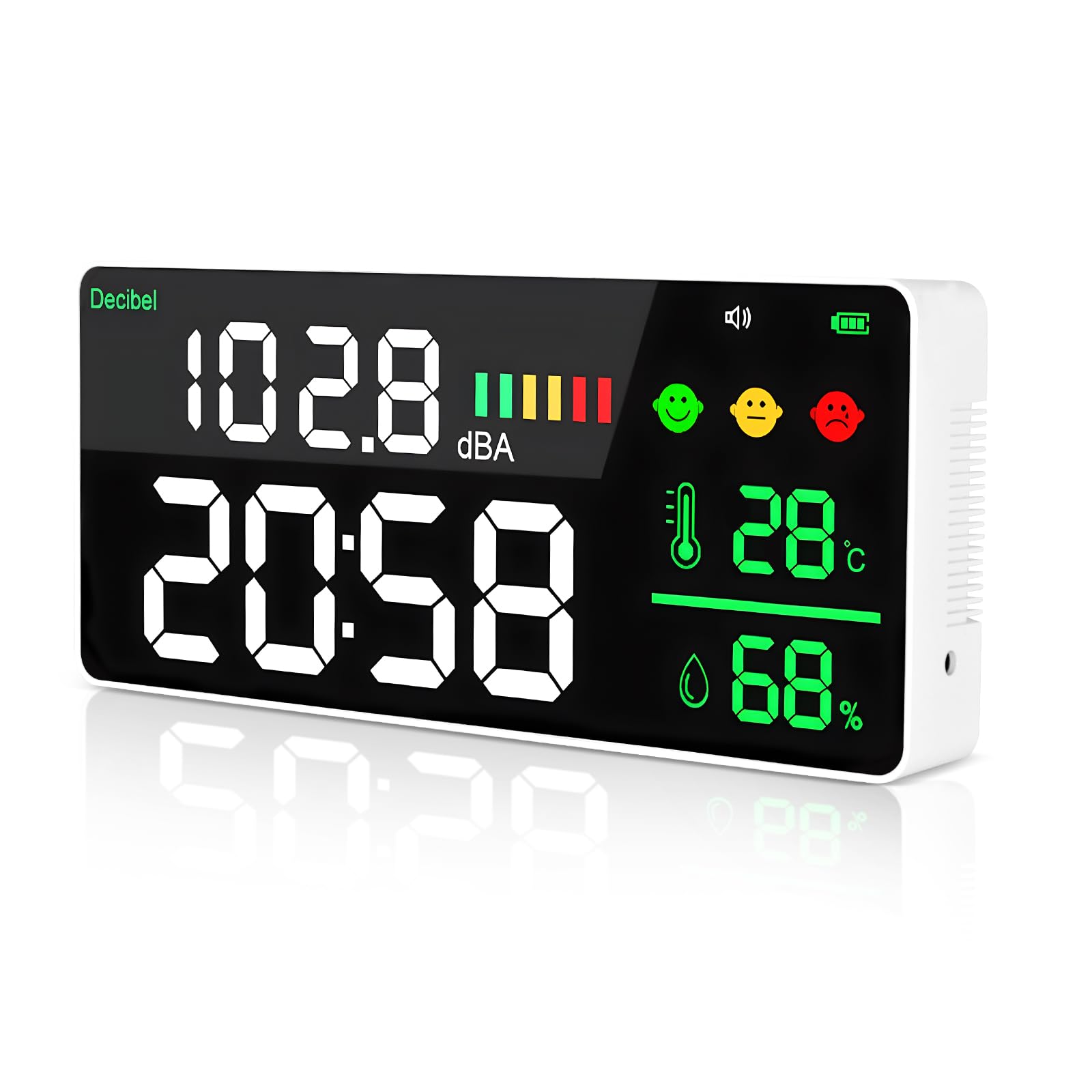 Medidor de Nivel de Sonido Digital Colgante, Decibelímetros Inteligente con Gran Pantalla LCD, Reloj, Detección de Temperatura y Humedad, Decibelios 30~130 dB con Alarma para Monitor de Ruido