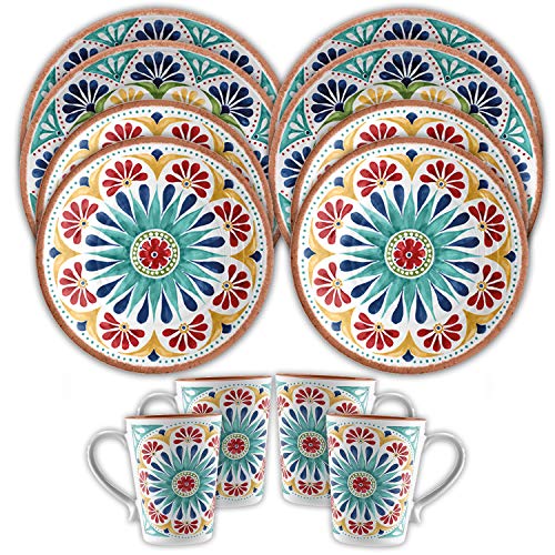 Purely Home Rio Medallion Outdoor/BBQ/Picnic - Plastic/Melamine Dinner & Side Plates & Mugs - Sets (12)