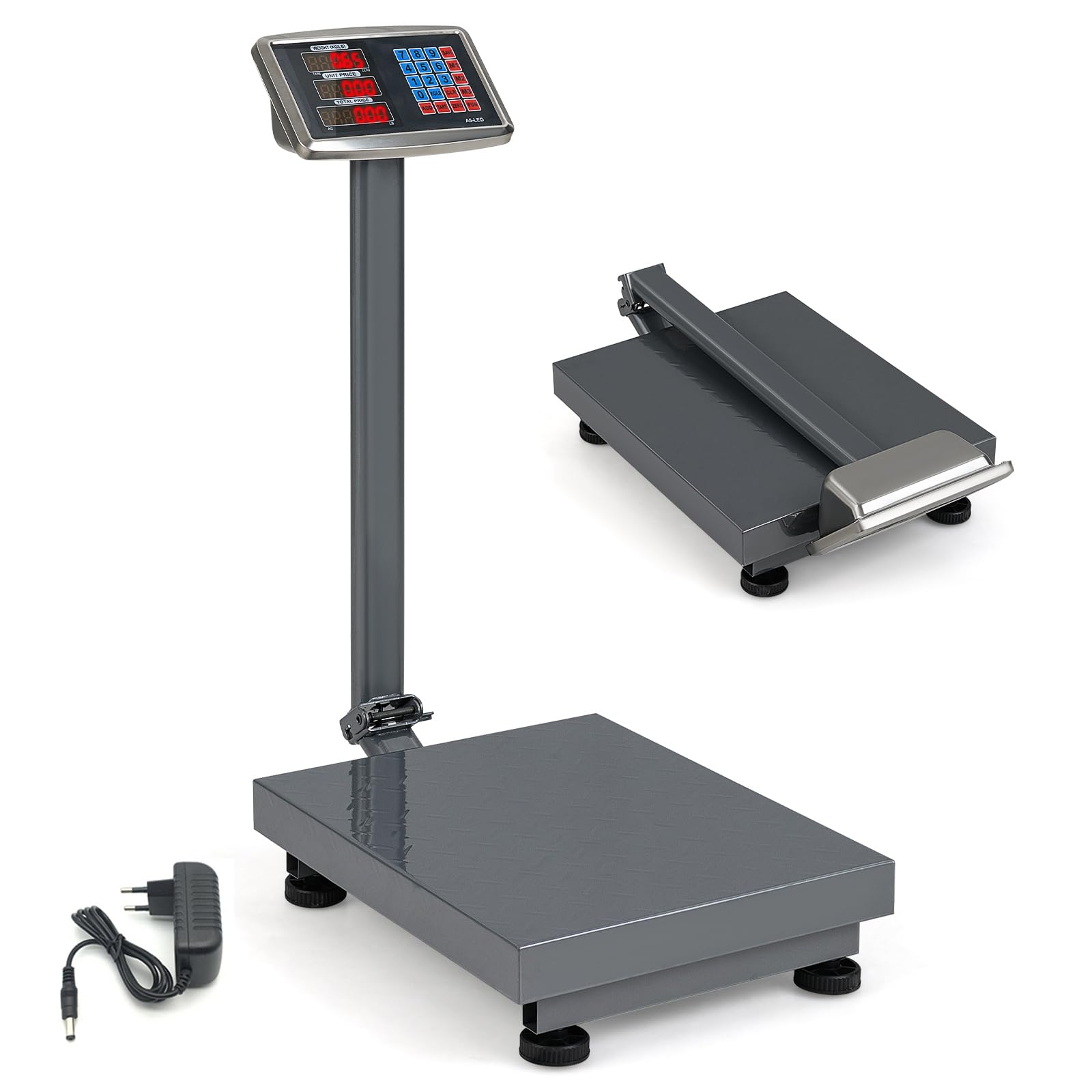 COSTWAY Báscula Digital Informática de 300 kg, Báscula de Plataforma de Suelo Multifuncional con Calculadora de Precio, Pantalla LED Transparente, Fuente de Alimentación Ac/Dc (Plata)