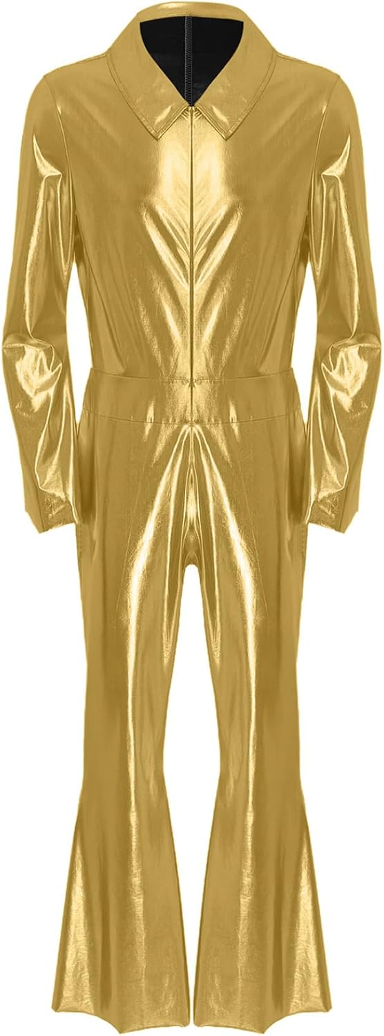 Sxiwei Men's 70s Disco Dance Costume Glossy Lapel Long Sleeve Flared Trousers Jumpsuit