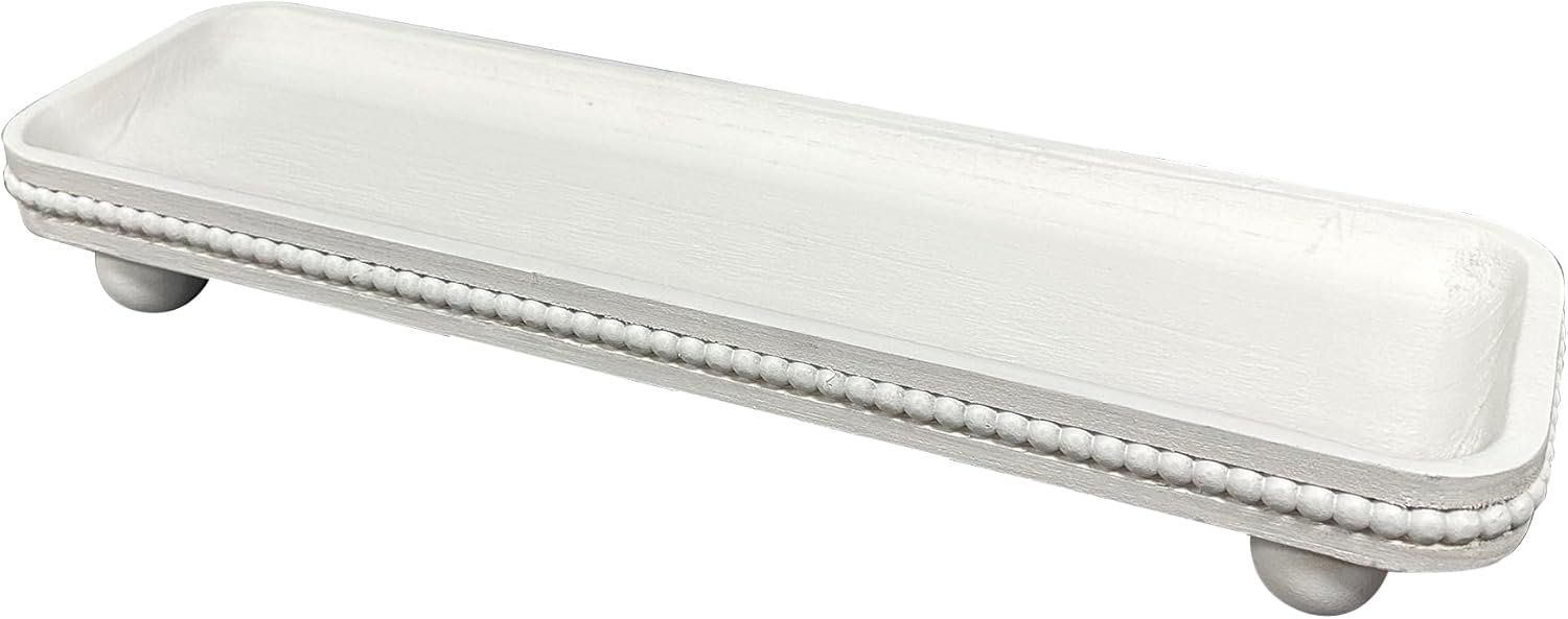 oval wooden decorative tray, farmhouse style, beaded serving tray for living room, coffee table (white)