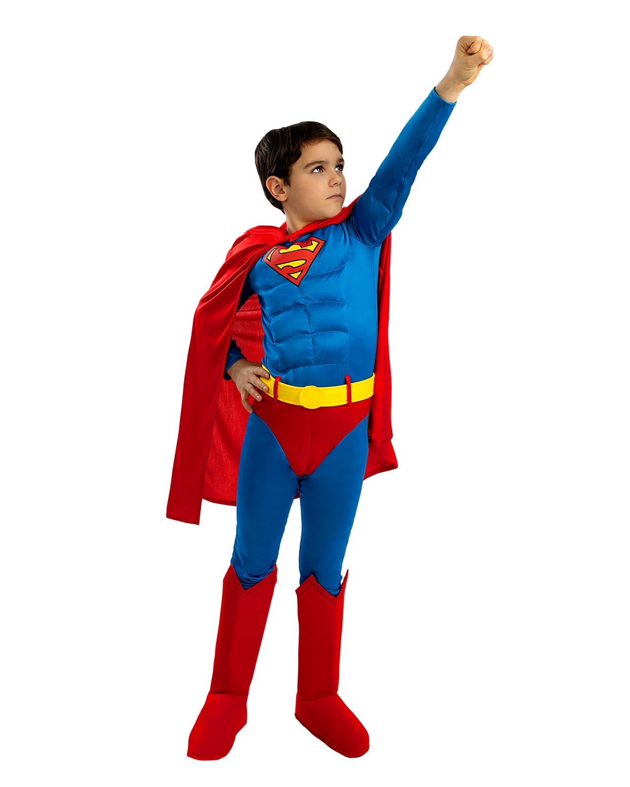 Funidelia Costume Ufficiale di Superman deluxe per bambino, Tuta con muscoli, cintura, mantello e copristivali, Supereroi - Tenuta per bambini per feste, Carnevale e Halloween