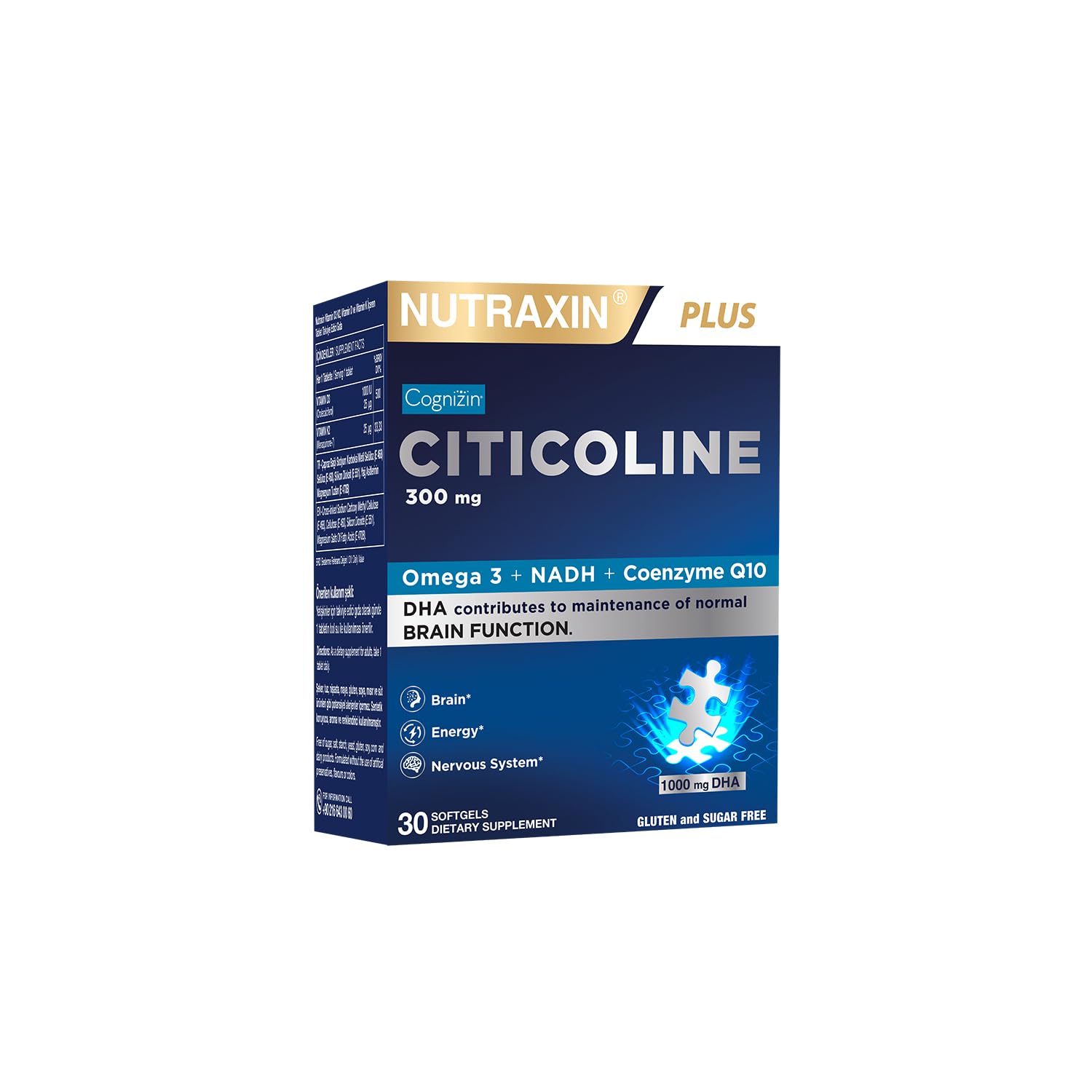 Nutraxin Citicoline 300 mg (Cognizin) – Omega-3 (EPA & DHA), Koenzim Q10, NADH, B6 & B12 İçeren Takviye – 30 Softgel